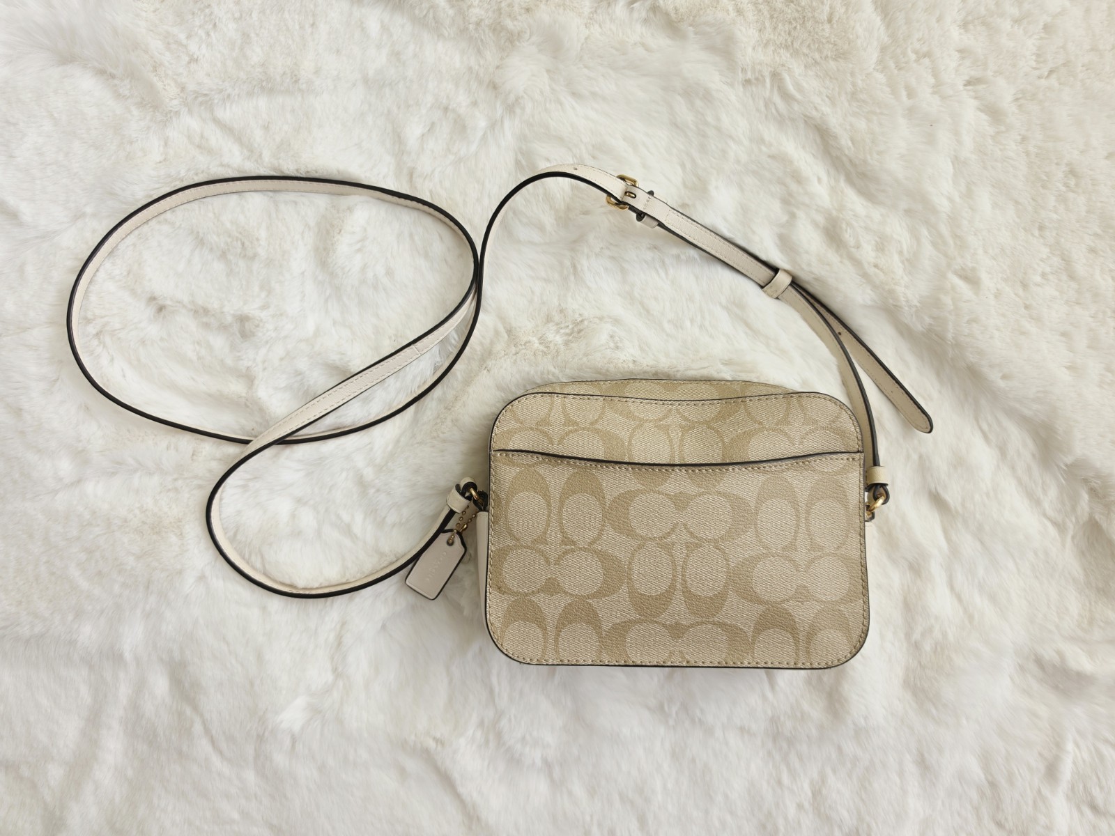 Coach Jamie White Khaki Brown Leather Signature Camera Bag Crossbody Gold HW