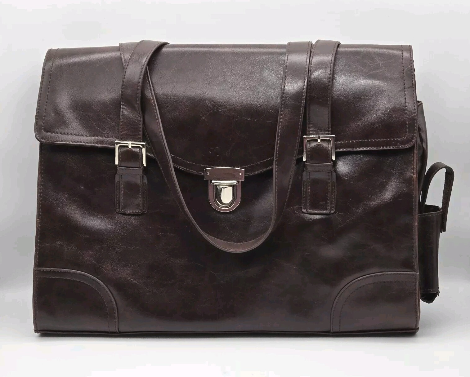 Worthington Messenger Bag Large Brown Vinyl Tote 16”x 12” Shoulder Straps VTG