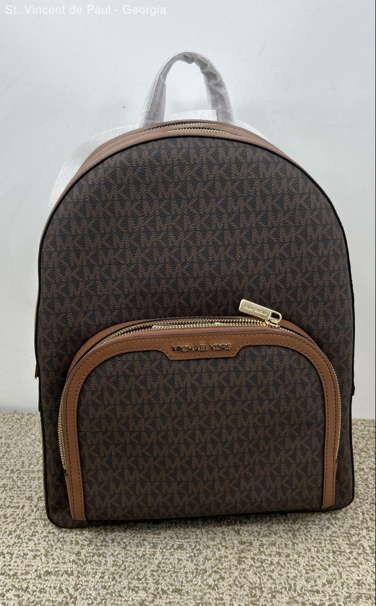 Michael Kors Jaycee Medium Backpack Women Bag Zip Pocket MK Signature Brown New