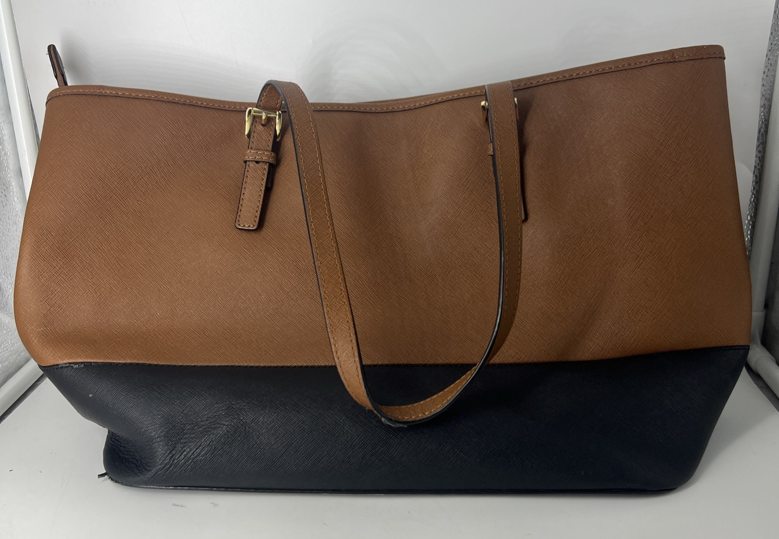 Michael Kors -LEATHER Brown w/ Black, gold Jet Set Travel TOTE see description