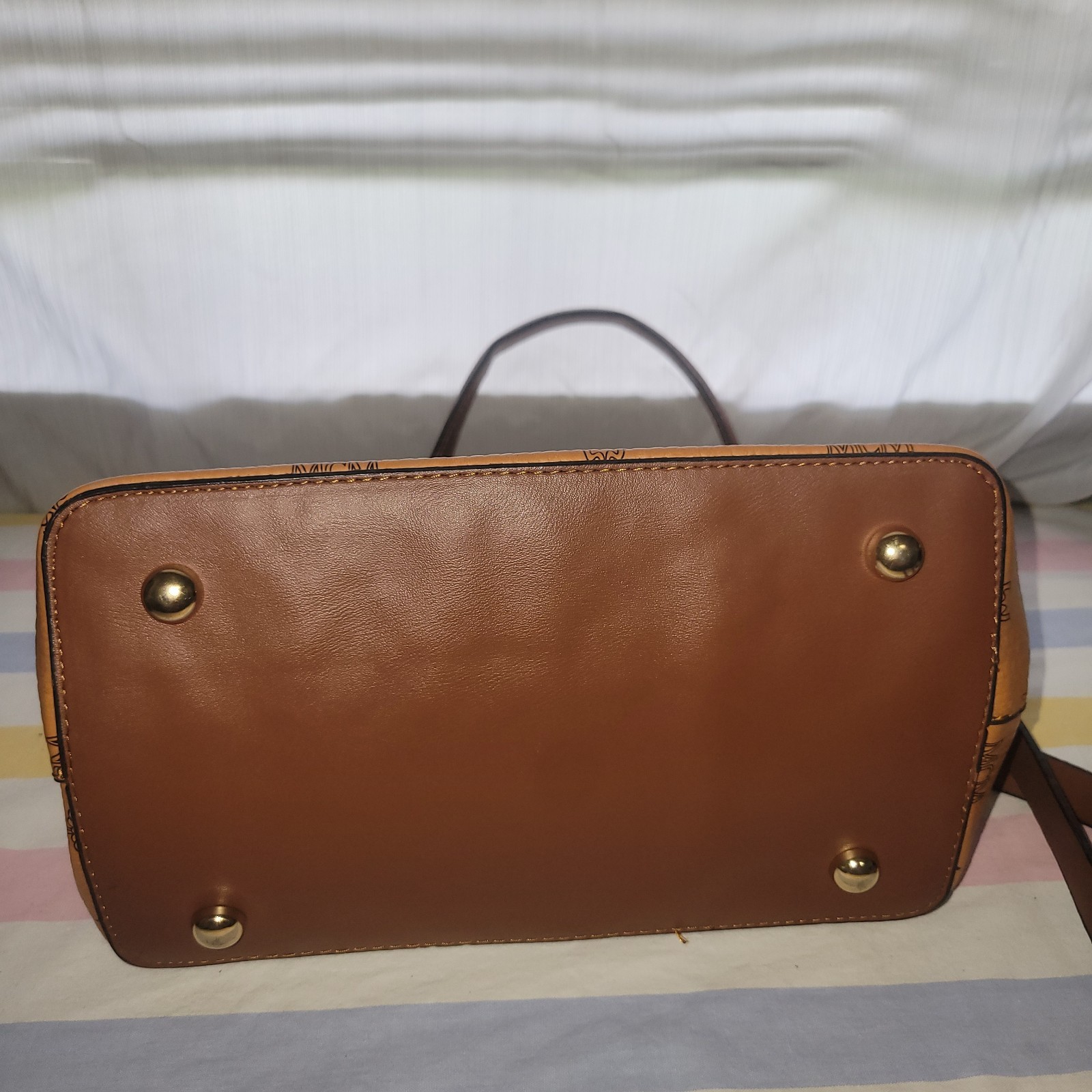 Rare MCM Visetos Cognac Drawstring Bucket Bag Crossbody Shoulder Authentic