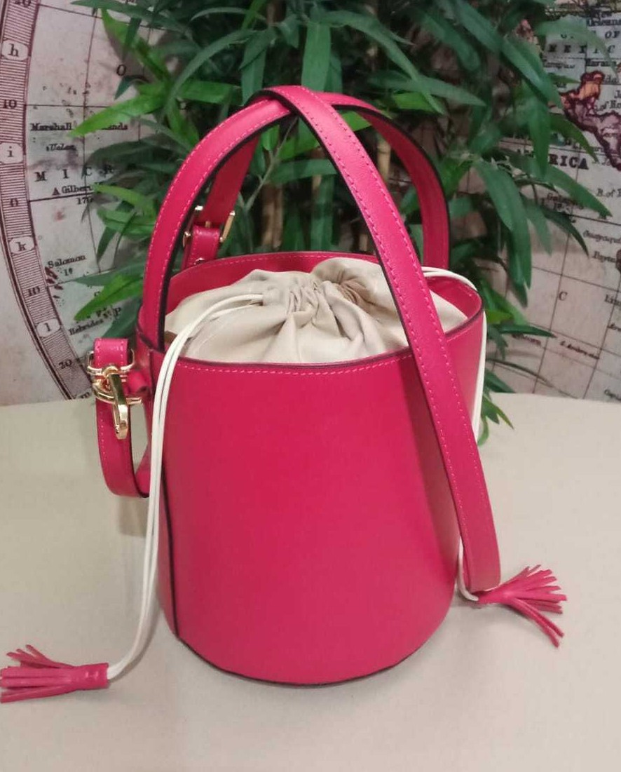 Ladies Girls Genuine Leather Black Pink Fuchsia Cylindrical Bucket Bag