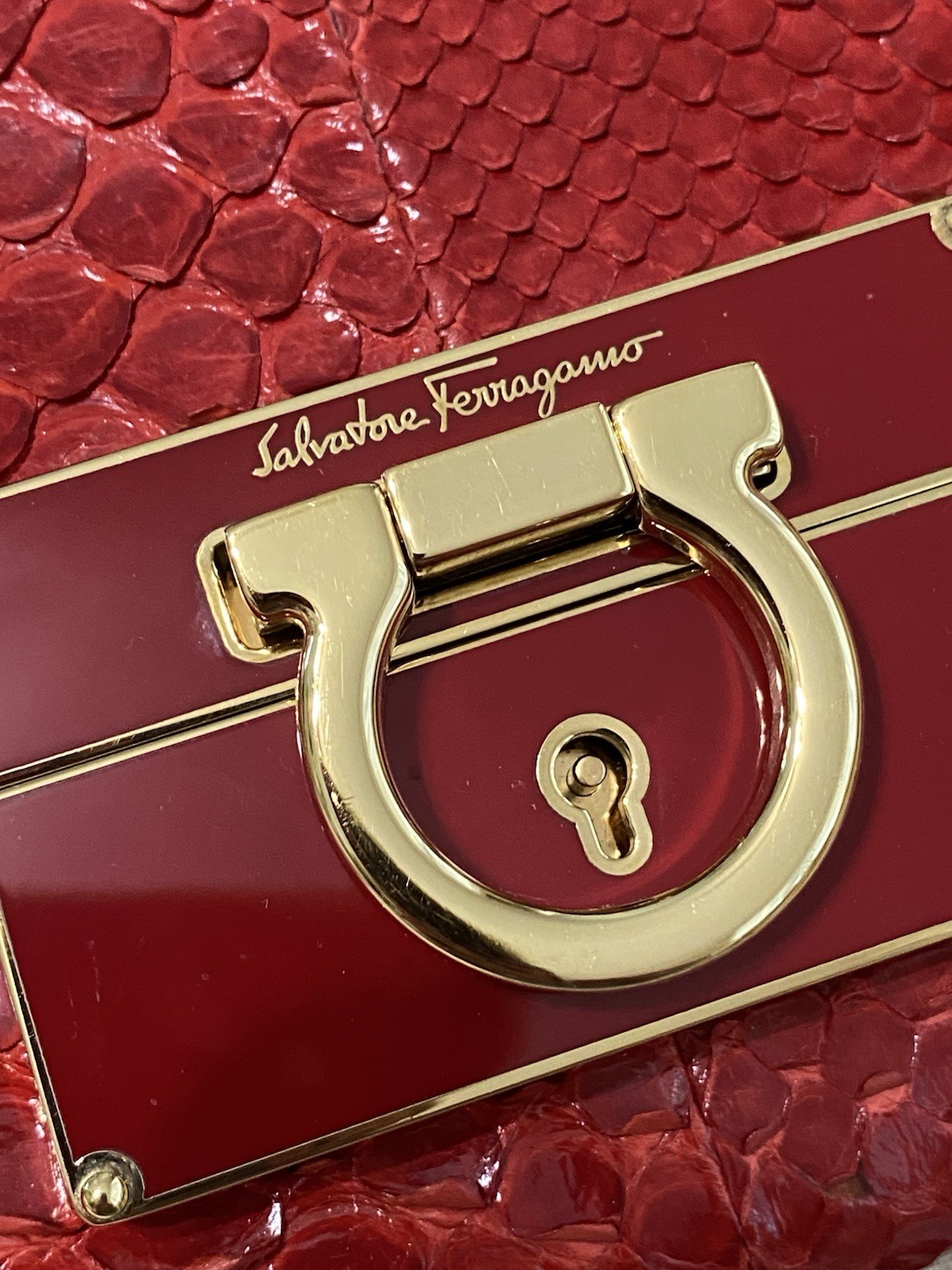 Rare Salvatore Ferragamo LARGE Python Clutch Evening Bag Leather Red Lock Key