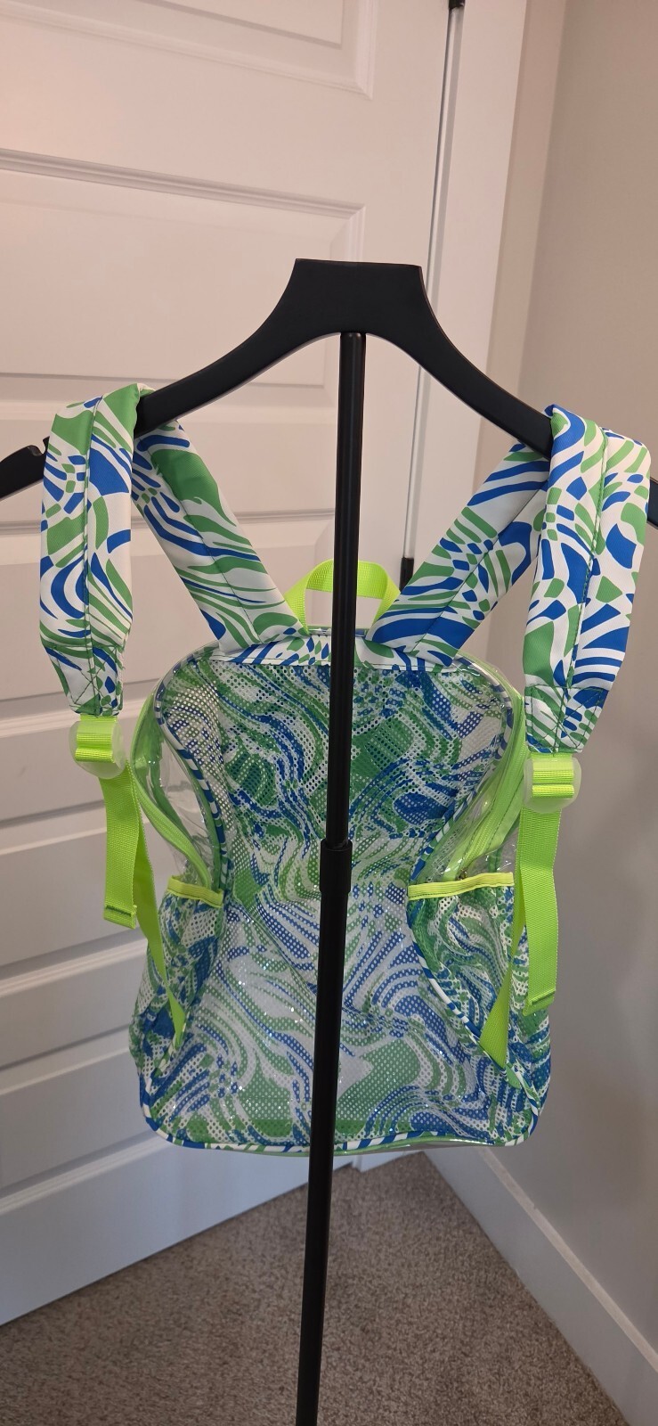 NEW Clear Green and Blue Patterned Small Backpack with Mesh and Zipper Pockets