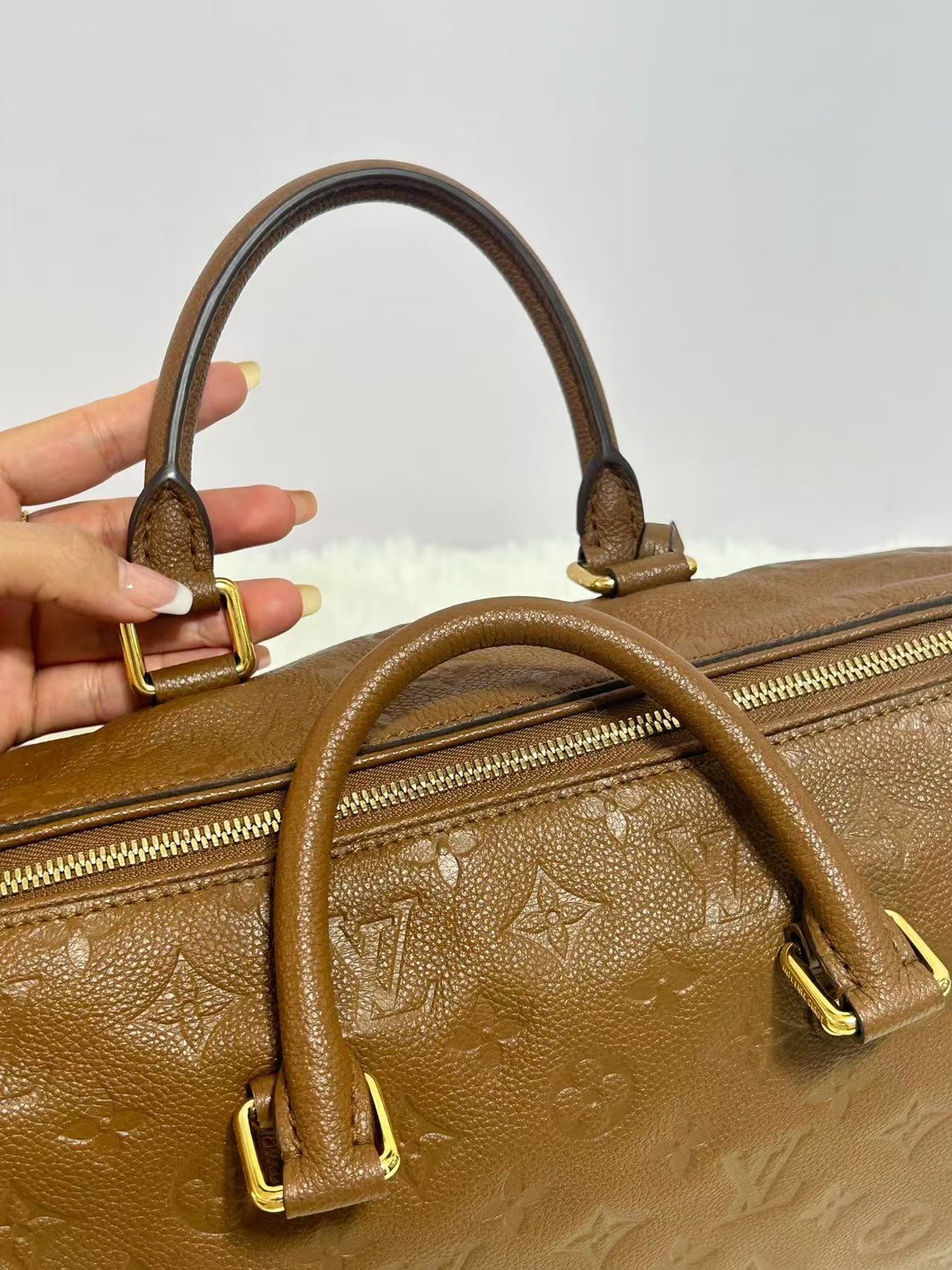 Louis Vuitton Speedy 30 Bandouliere Boston Bag Brown Empreinte Leather Gold