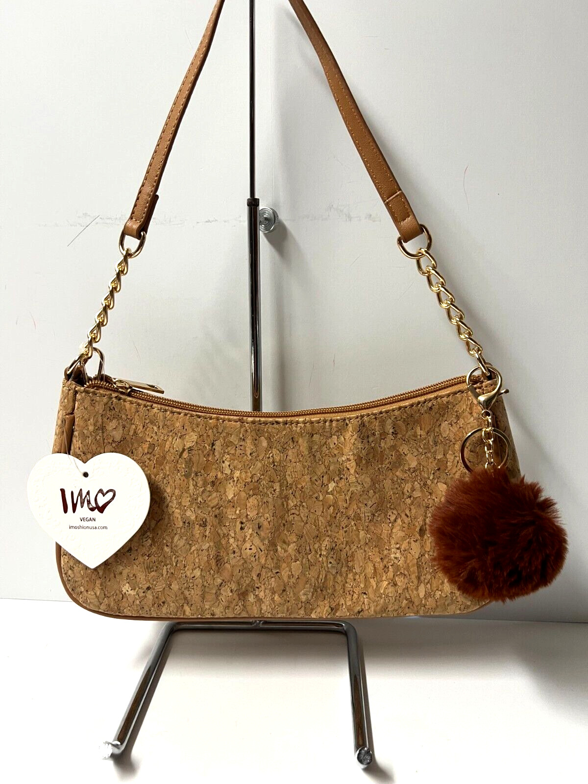 IMO Vegan Cork Crossbody Handbag PomPom Keychain Purse Chain detail NWT