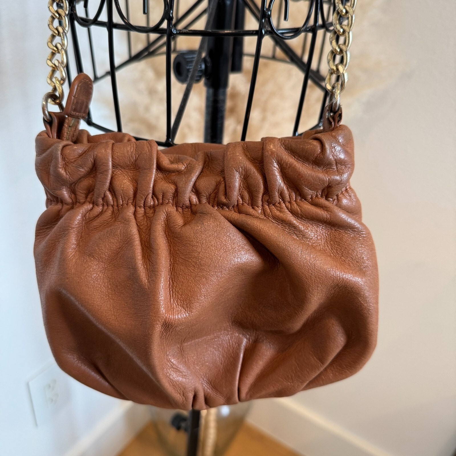 Badgley Mischka Caramel Brown Leather Mini Bucket Bag Crossbody Purse