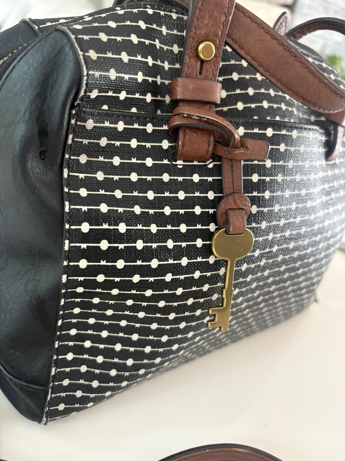 Fossil Rachel Satchel Handbag Black White Dot Stripe Brown Leather Crossbody