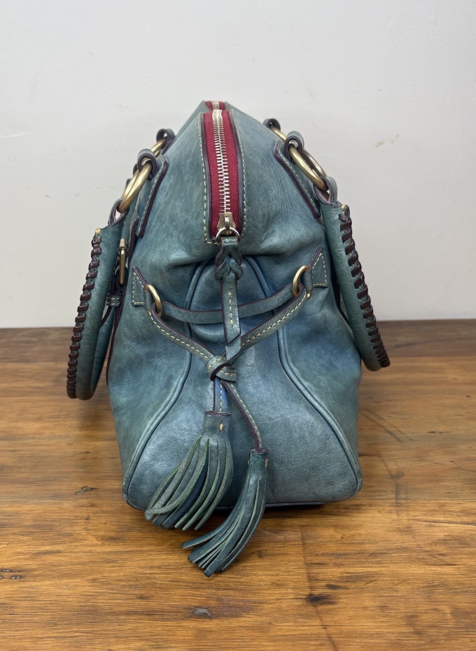 Dooney & Bourke Florentine Domed Buckle Satchel Teal Leather Tassel Bag J4092168