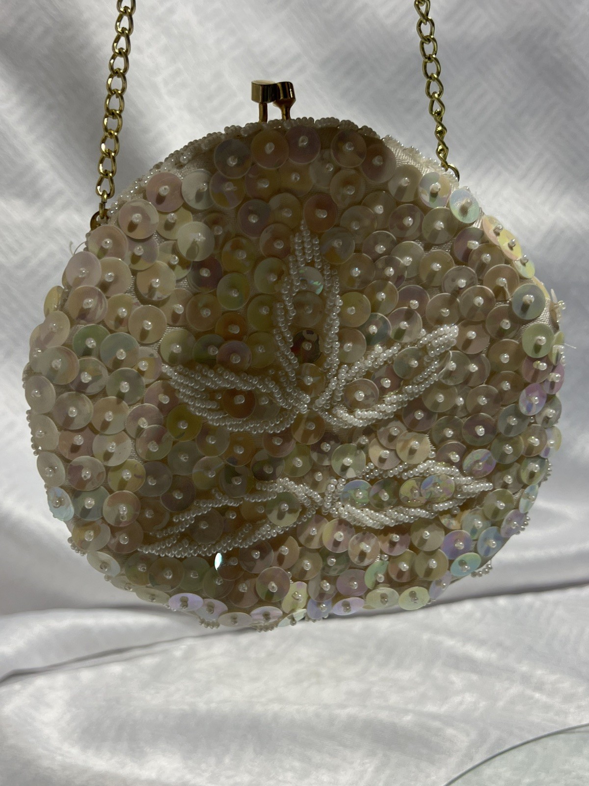 Vintage Faceted Teardrop Crystal Sequin White Bag Purse