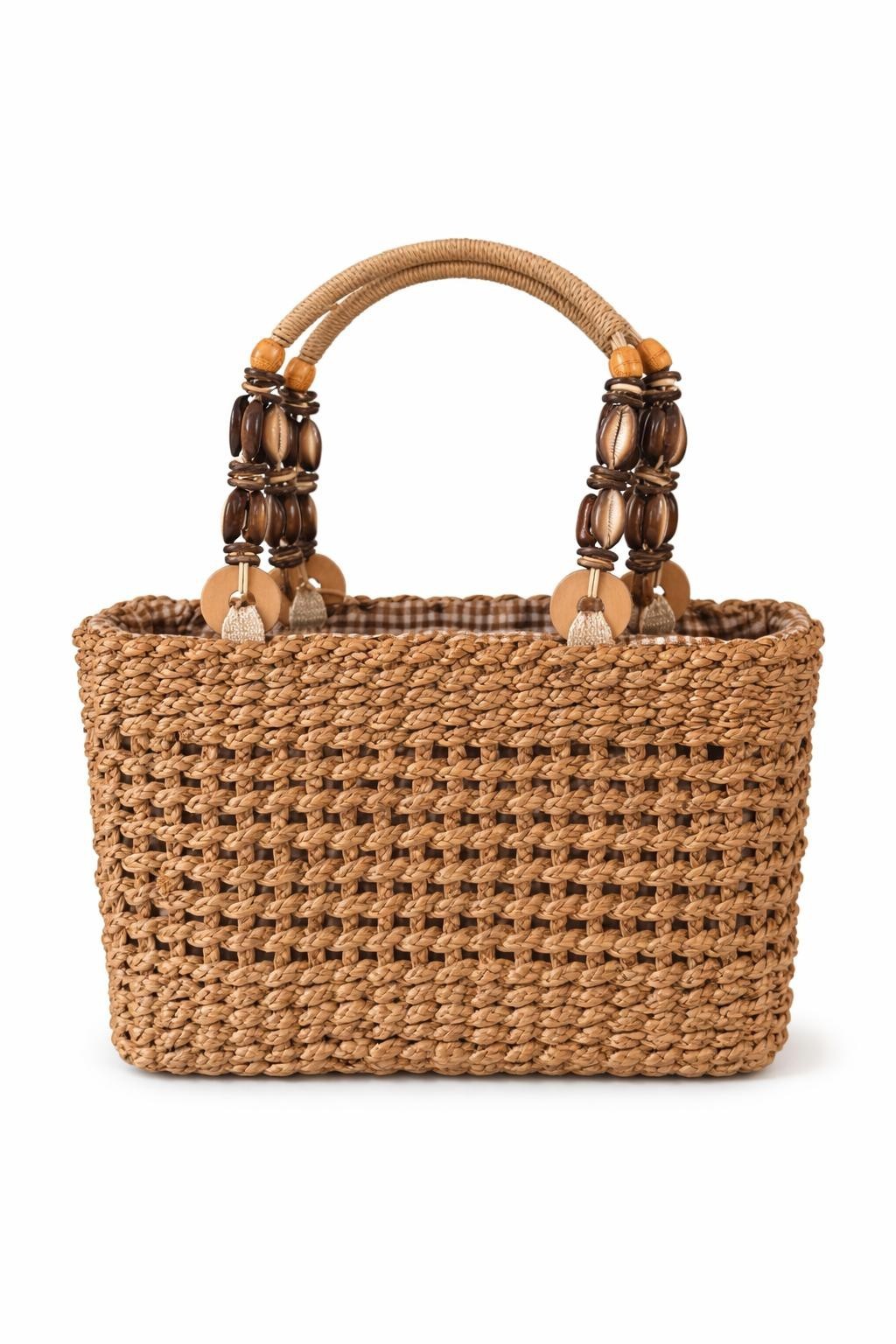 VTG Sun N Sand Woven Straw Shell Handle Tote Beach Bag Boho
