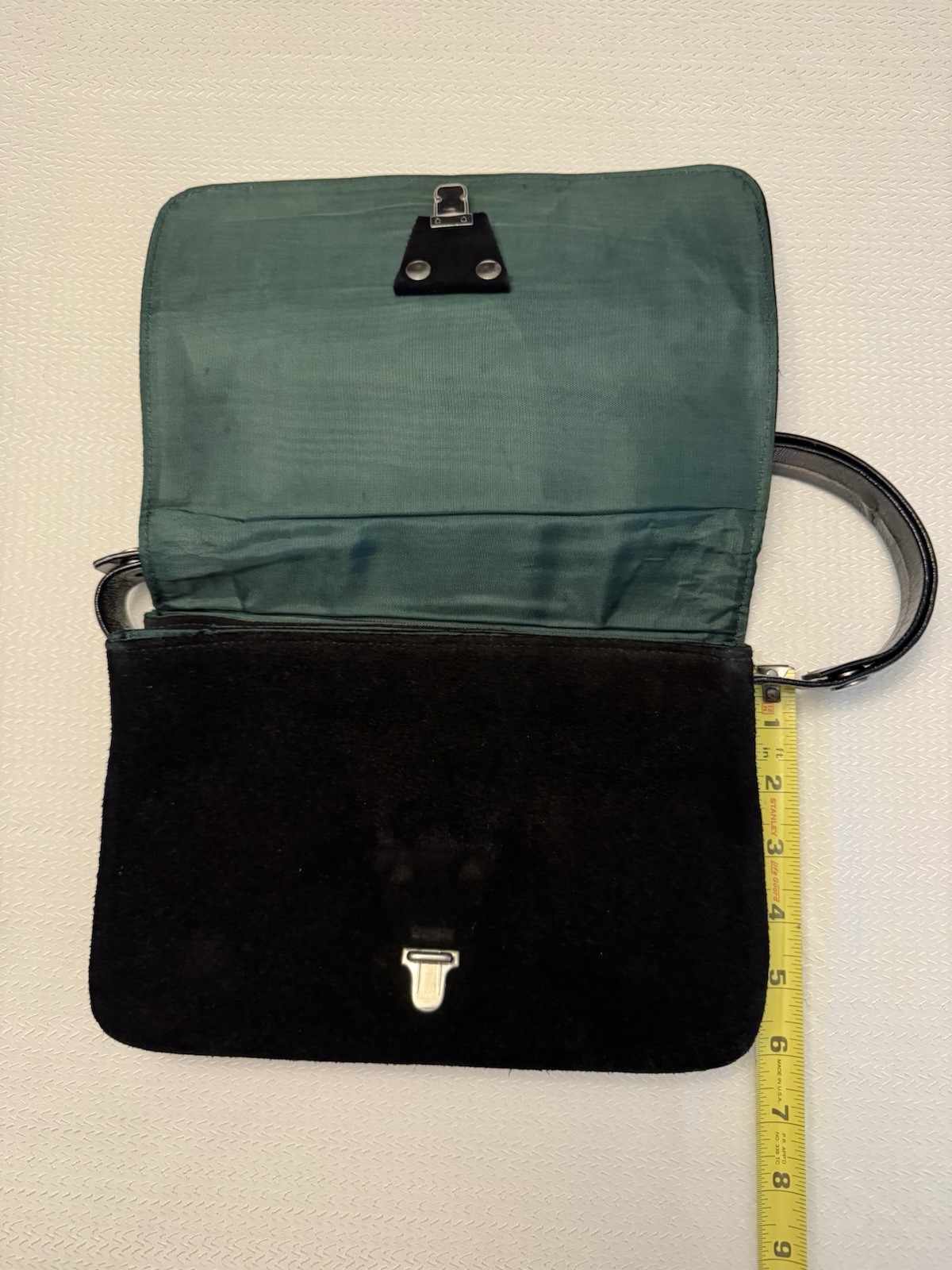 VINTAGE Black Suede Bag Purse Latch Flap Multi-Comparts Green Lined Silver HW