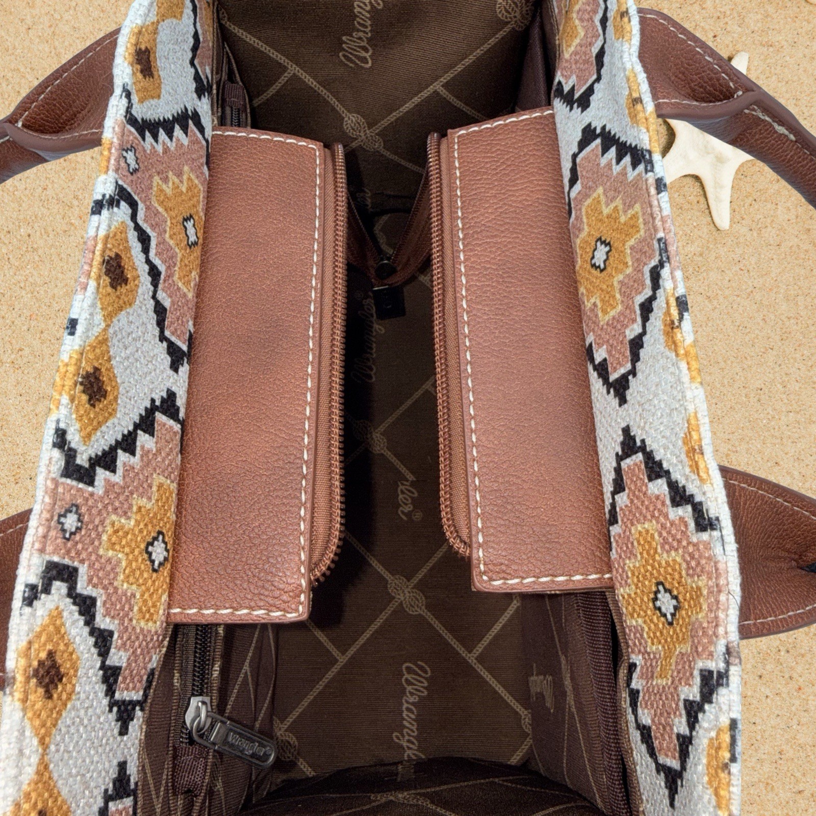 Wrangler Geometric Boho Tote Bag Zip Closure w/ Detachable Adjustable Strap