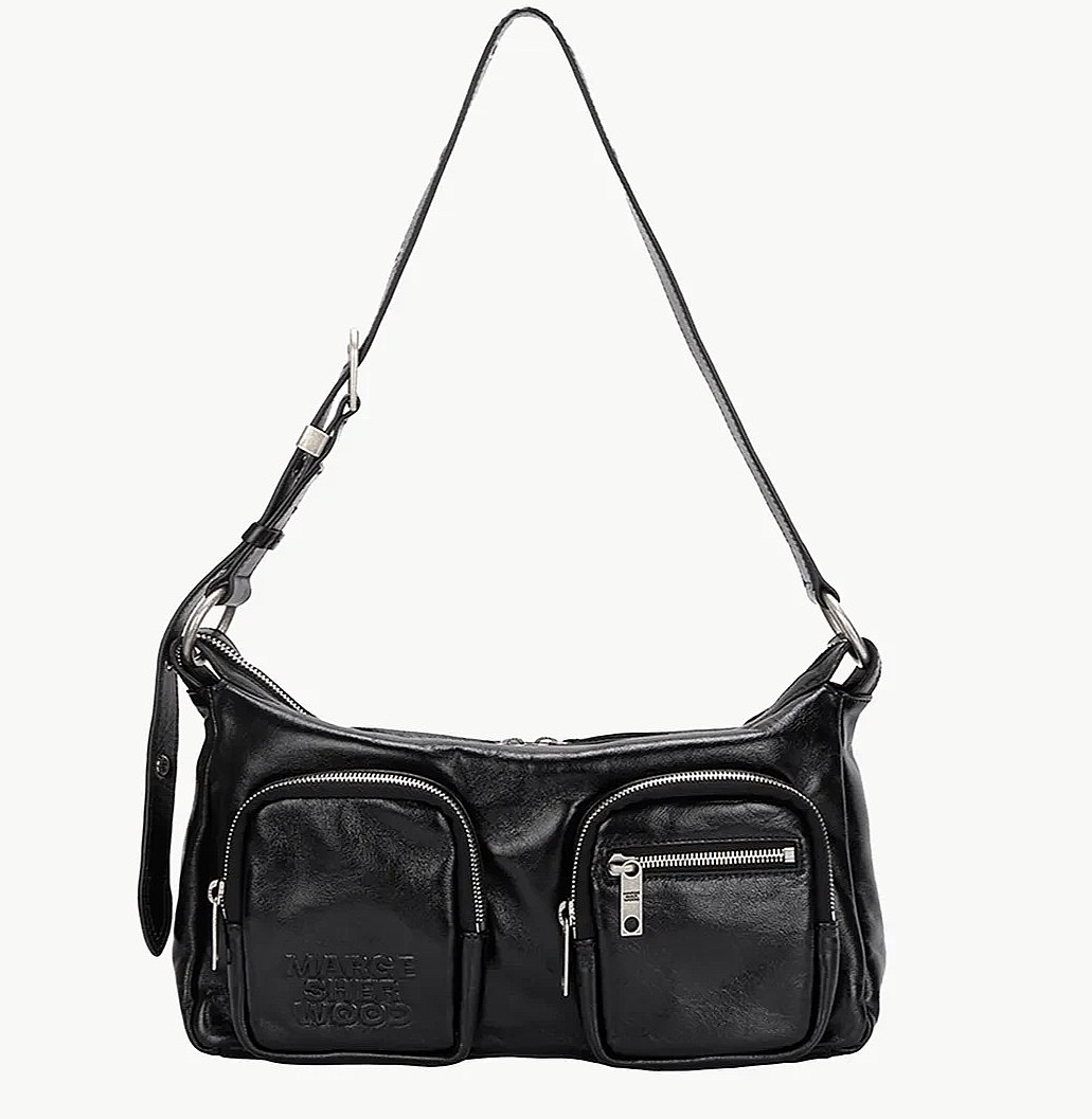 MARGE SHERWOOD OUT POCKET HOBO Black Glossy Plain 100% Authentic