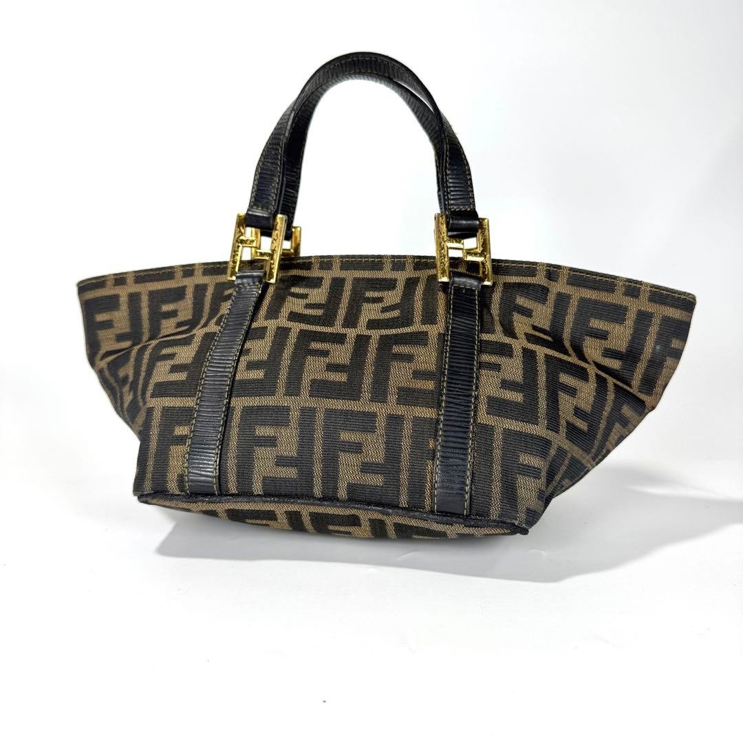 FENDI Zucca pattern Canvas Leather Brown Beige Black Boat shape Mini Handbag