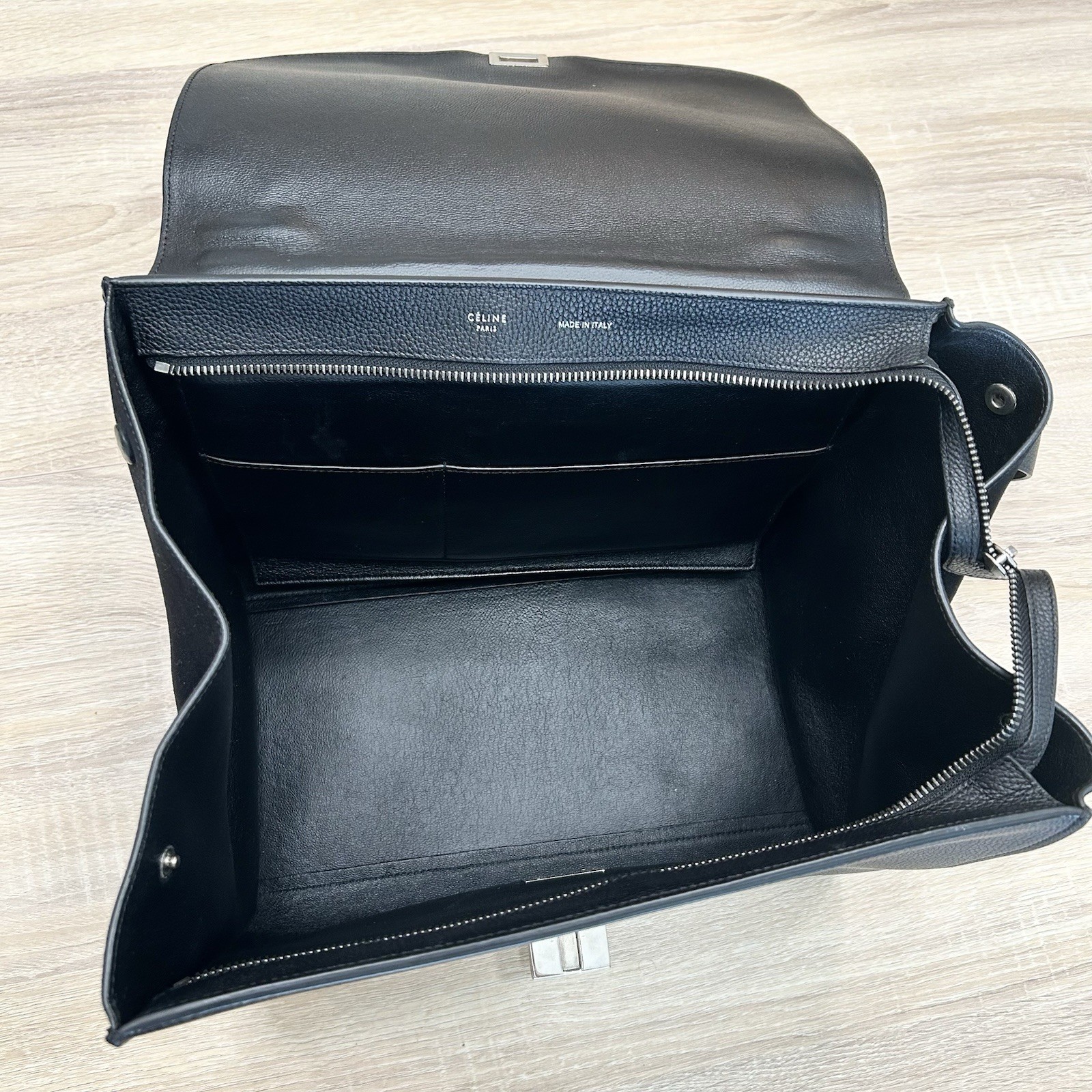 PRE-OWNED CELINE Trapeze Medium Drummed Leather Calfskin Suede Tote Bag – BLACK
