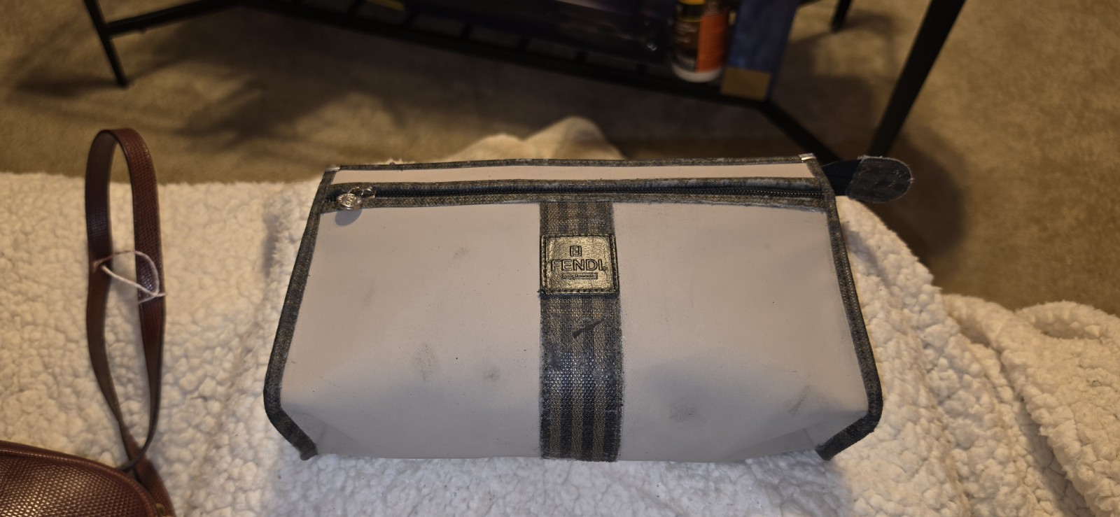 fendi beige and brown striped zip top wristlet clutch pouch medium silver