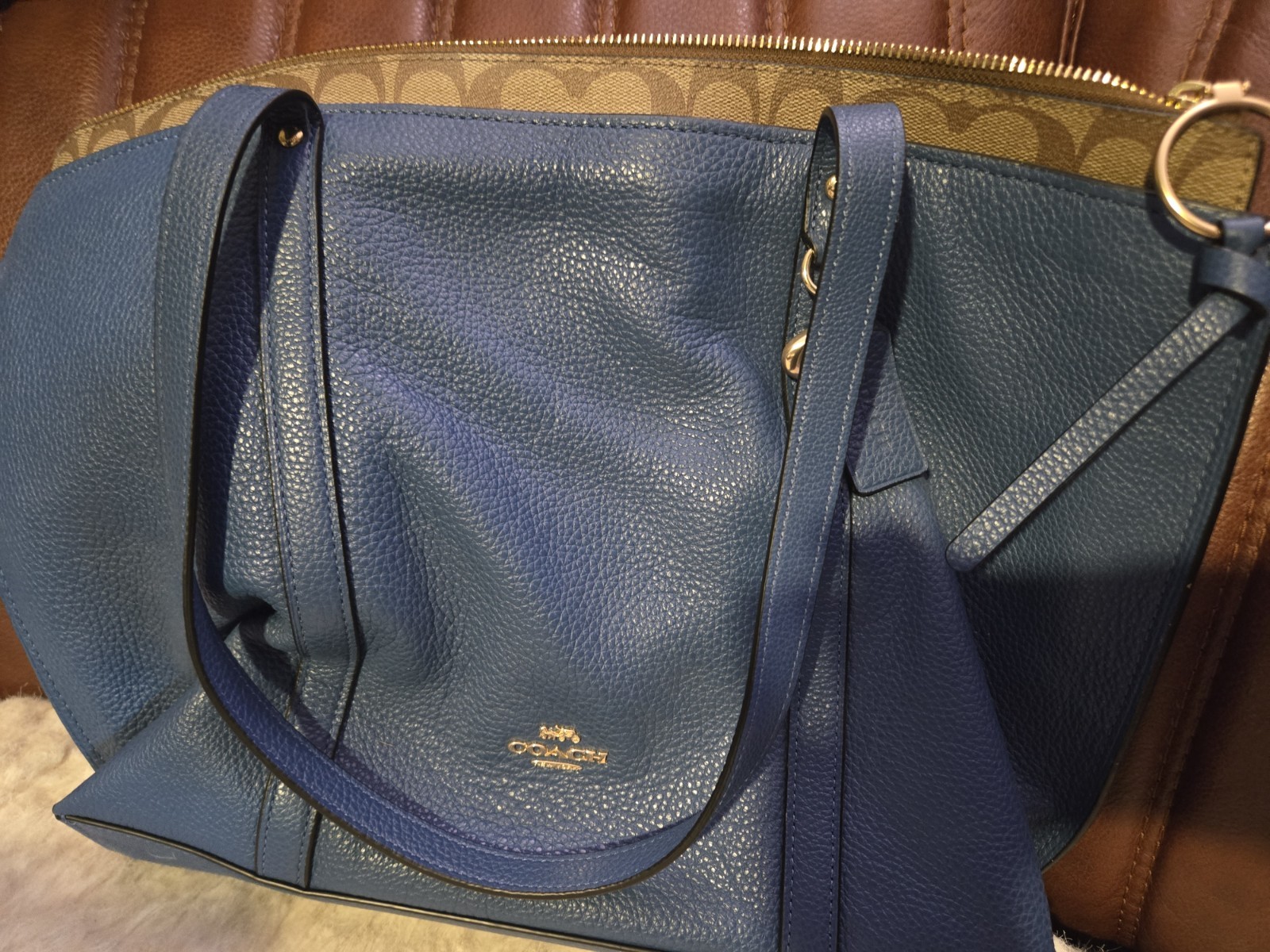 Coach Pebbled Leather Tote Deep Atlantic Khaki Blue Logo Tag Gold Hardware Zip