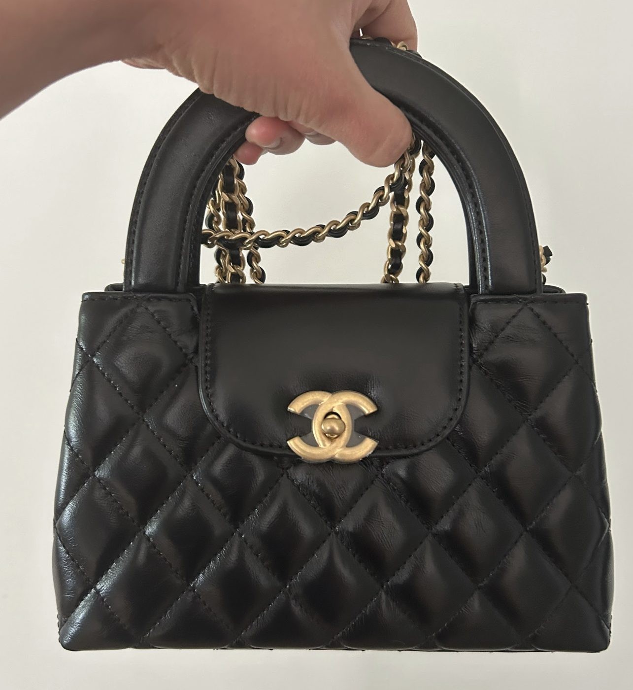 NEW Chanel Mini Kelly Top Handle Aged Calfskin Bag Black Brushed Gold Hardware