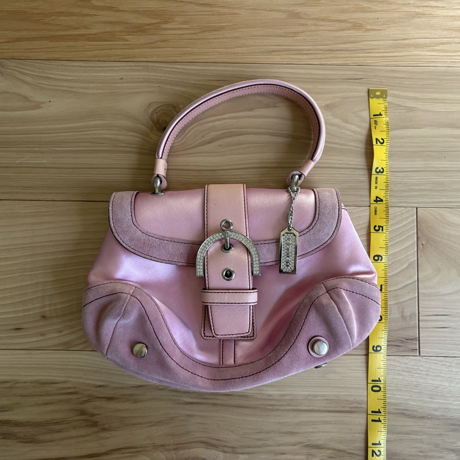 authentic y2k vintage coach baby pink leather and satin handbag – silver details