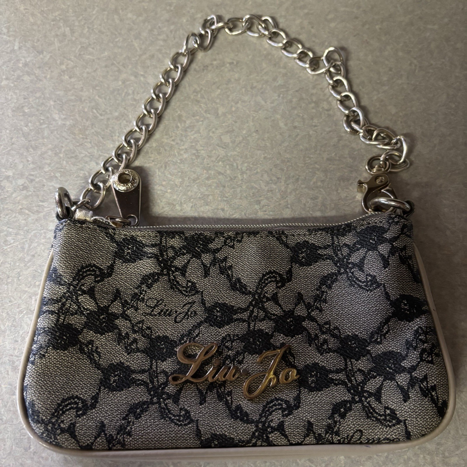 Liu Jo Black Lace Logo Neutral Preppy Luxury Whimsigoth Mini Chain Strap Bag
