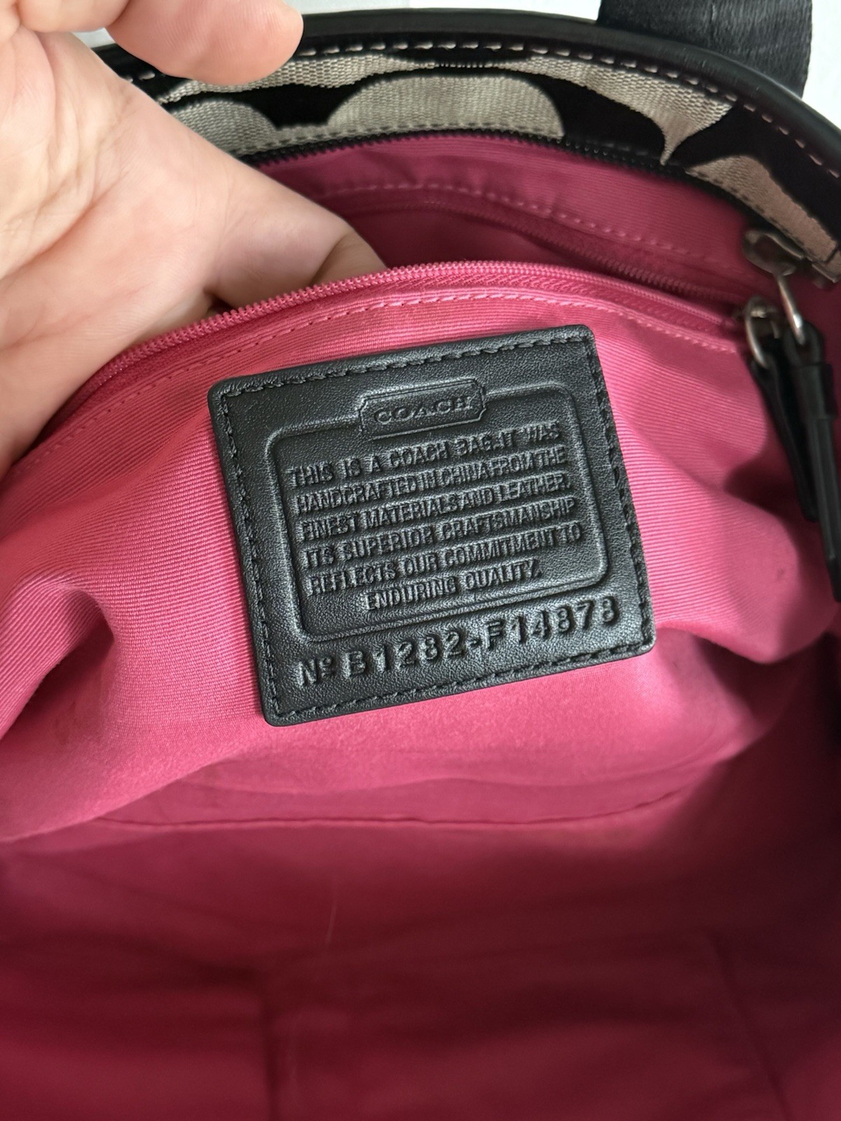 Coach Signature Logo Black Gray Canvas Shoulder Bag Hot Pink Lining Charm Silver