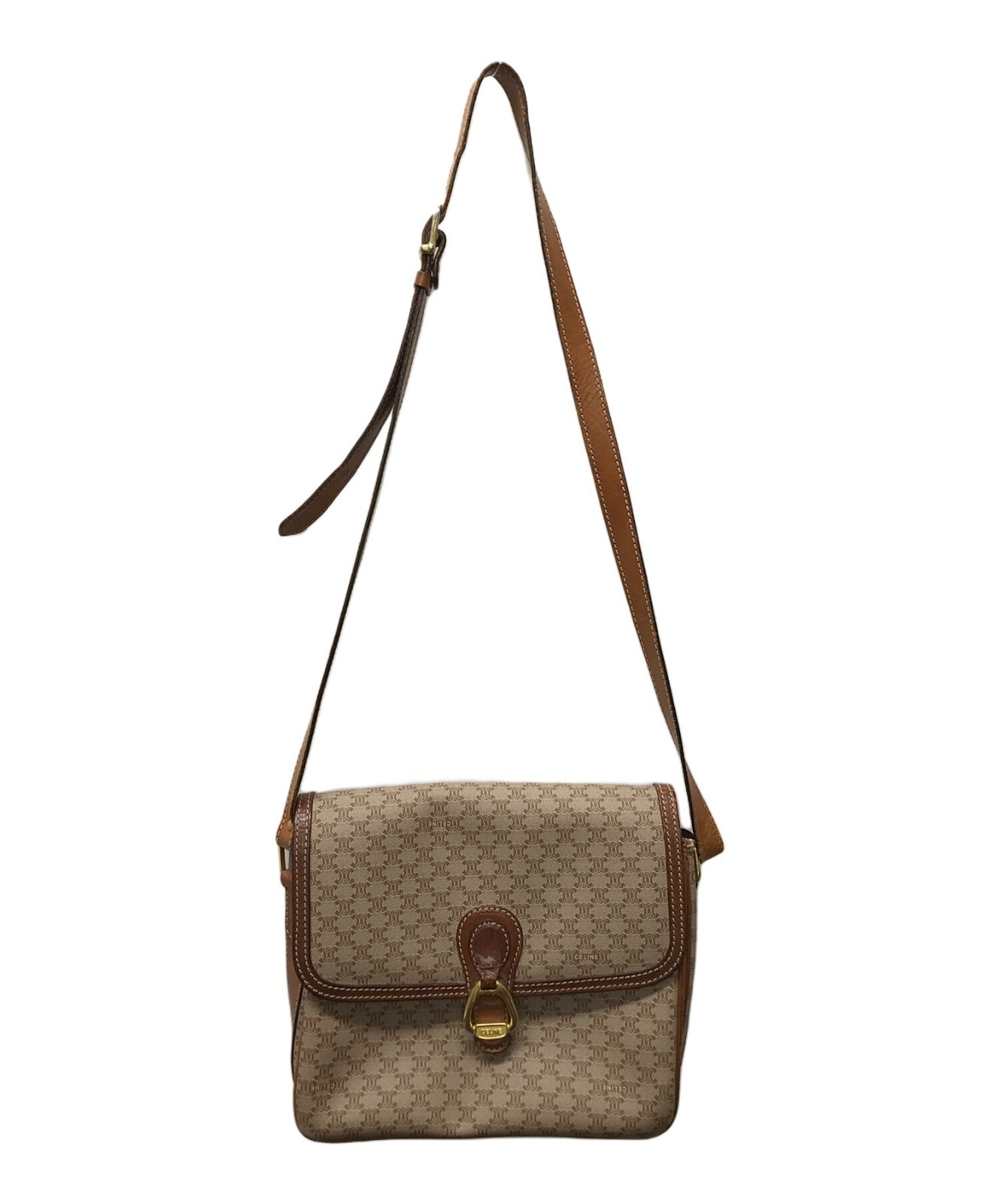 Auth Celine Macadam Pattern Shoulder Crossbody Bag Brown Women’s Leather Flap