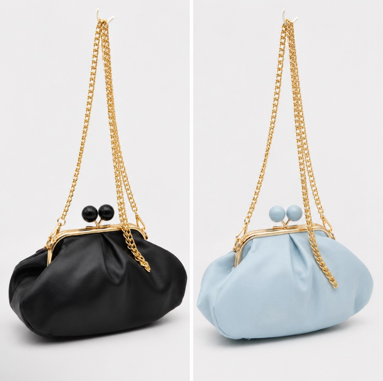 Baby Blue Pleated Clutch Shoulder Bag with Gold Chain Strap & Kiss Lock Closure