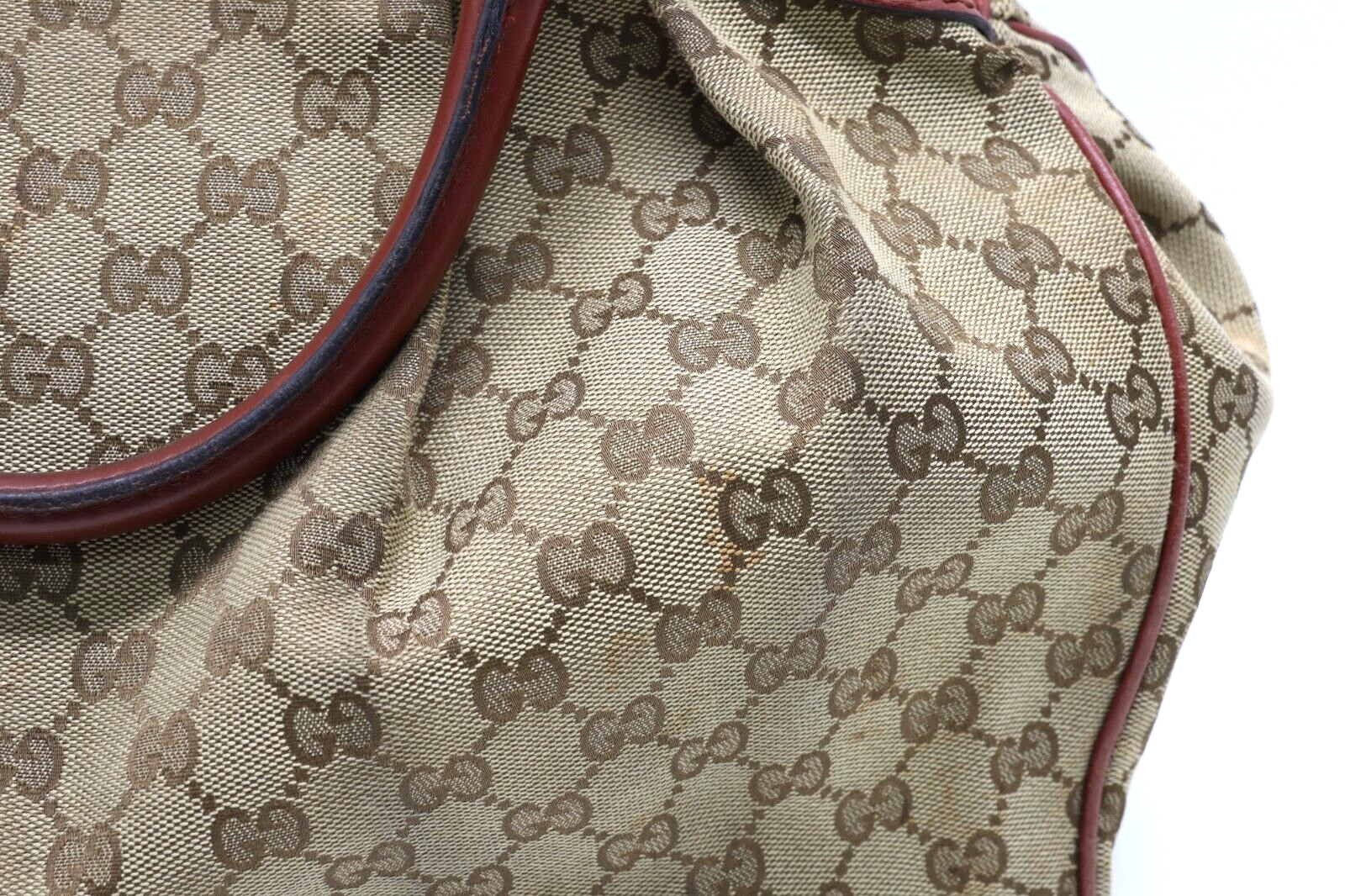 GUCCI Sukey Tote Bag GG Beige Canvas & Red Leather Lining/Handle Good Condition