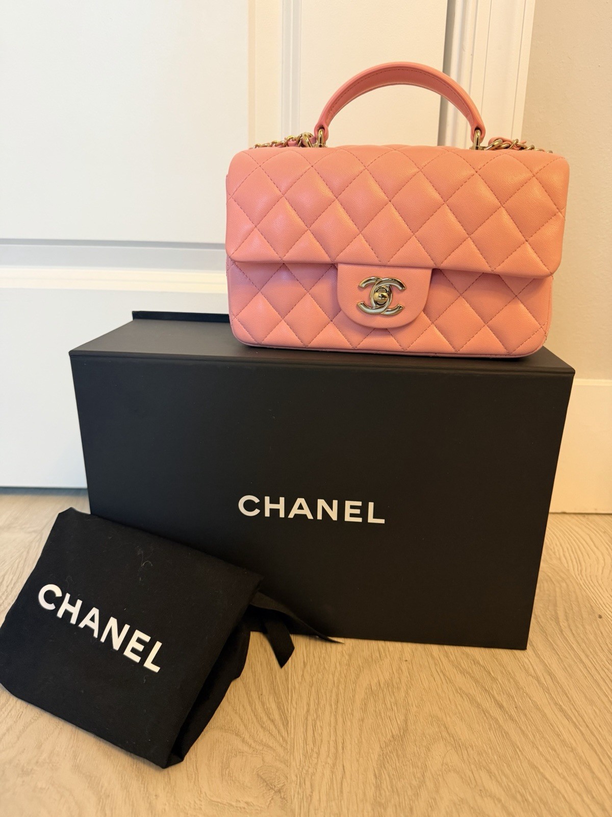 Chanel Lambskin Leather Rectangular Top Handle Mini Flap Bag – PINK