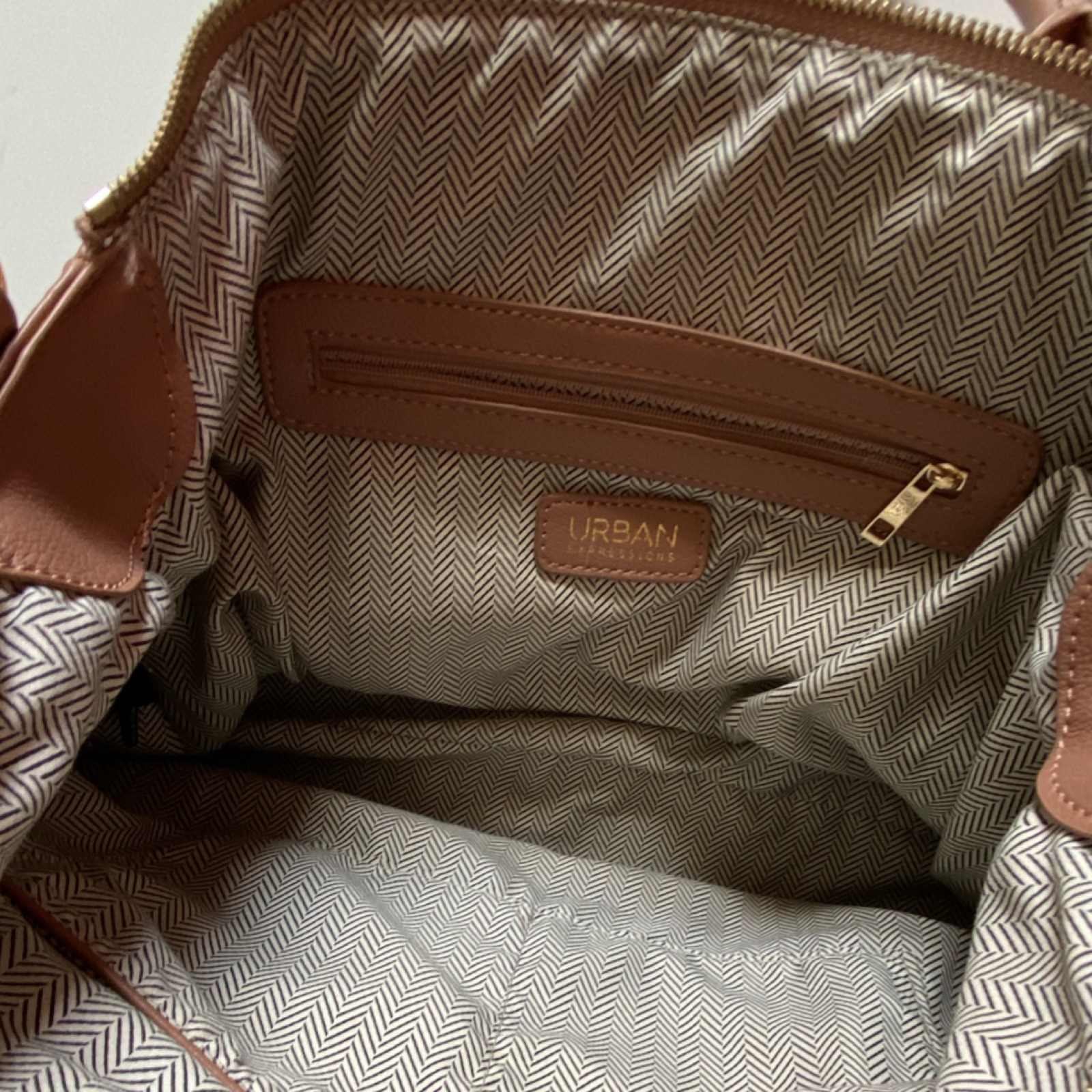 Urban Expressions Brown Shoulder Bag Gold Hardware Zipper Stud Accents Pockets