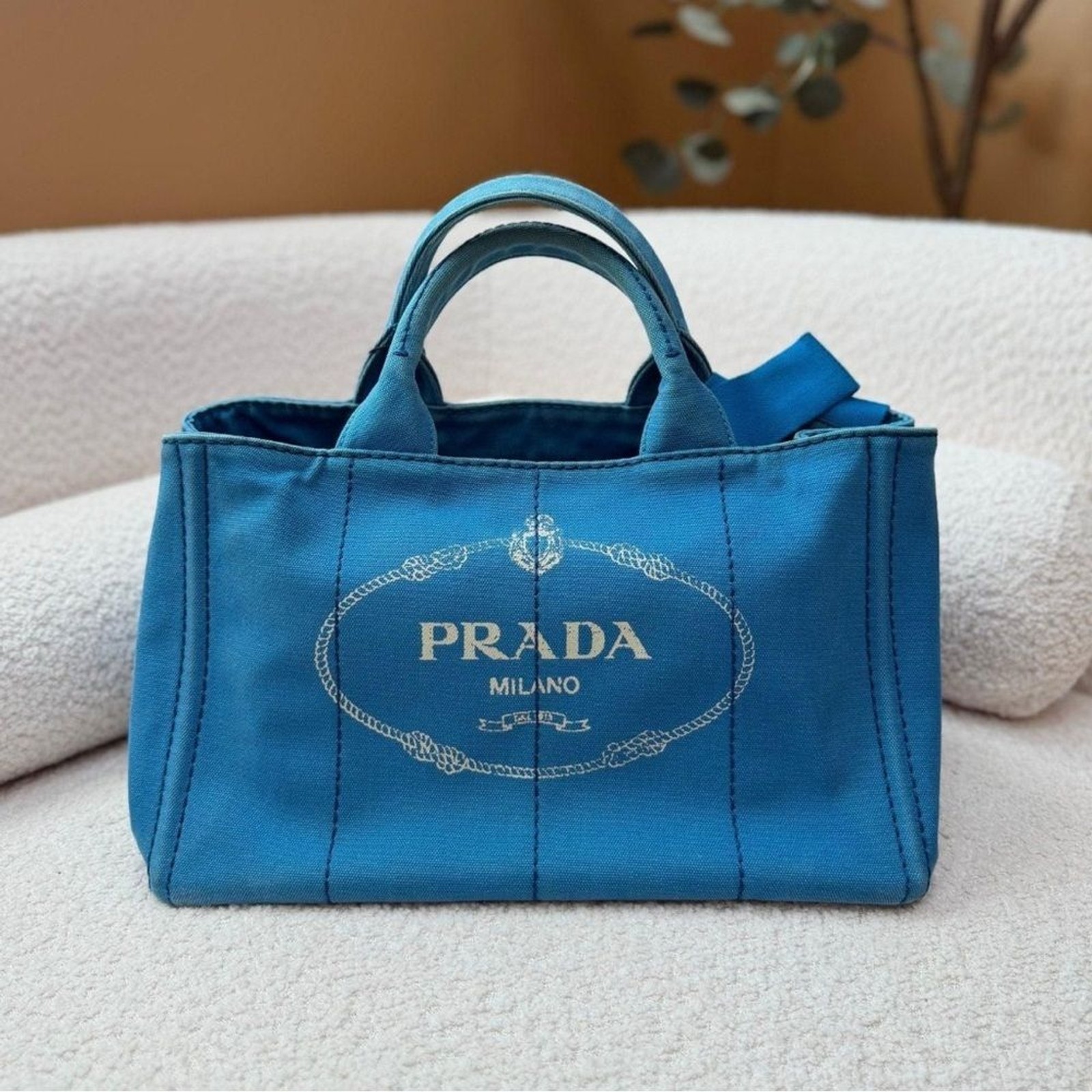 Prada Teal Canapa Canvas Tote Excellent Condition