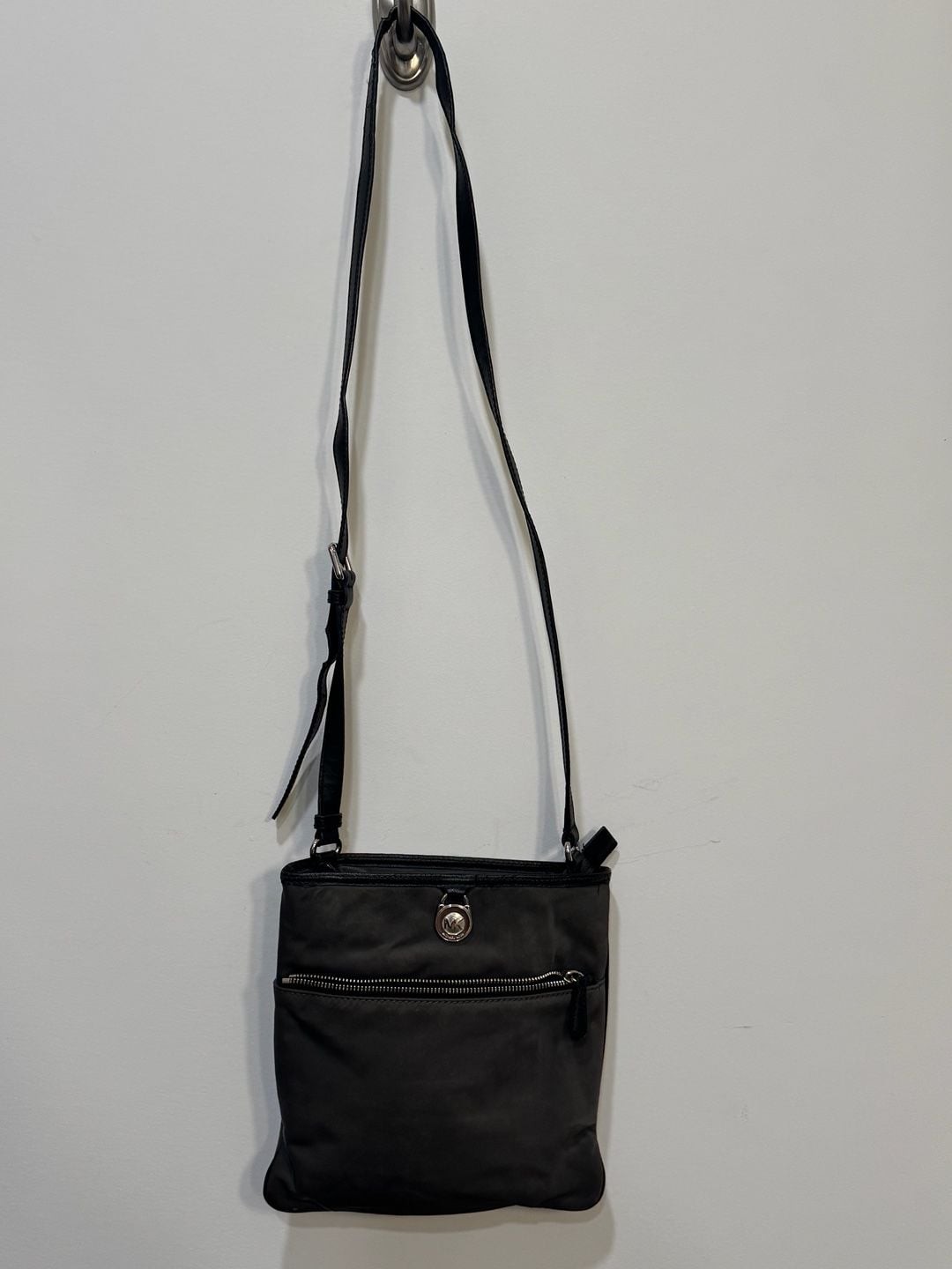 Michael Kors Kempton Nylon Crossbody Bag in Dark Gray Silver MK Lock Front Zip