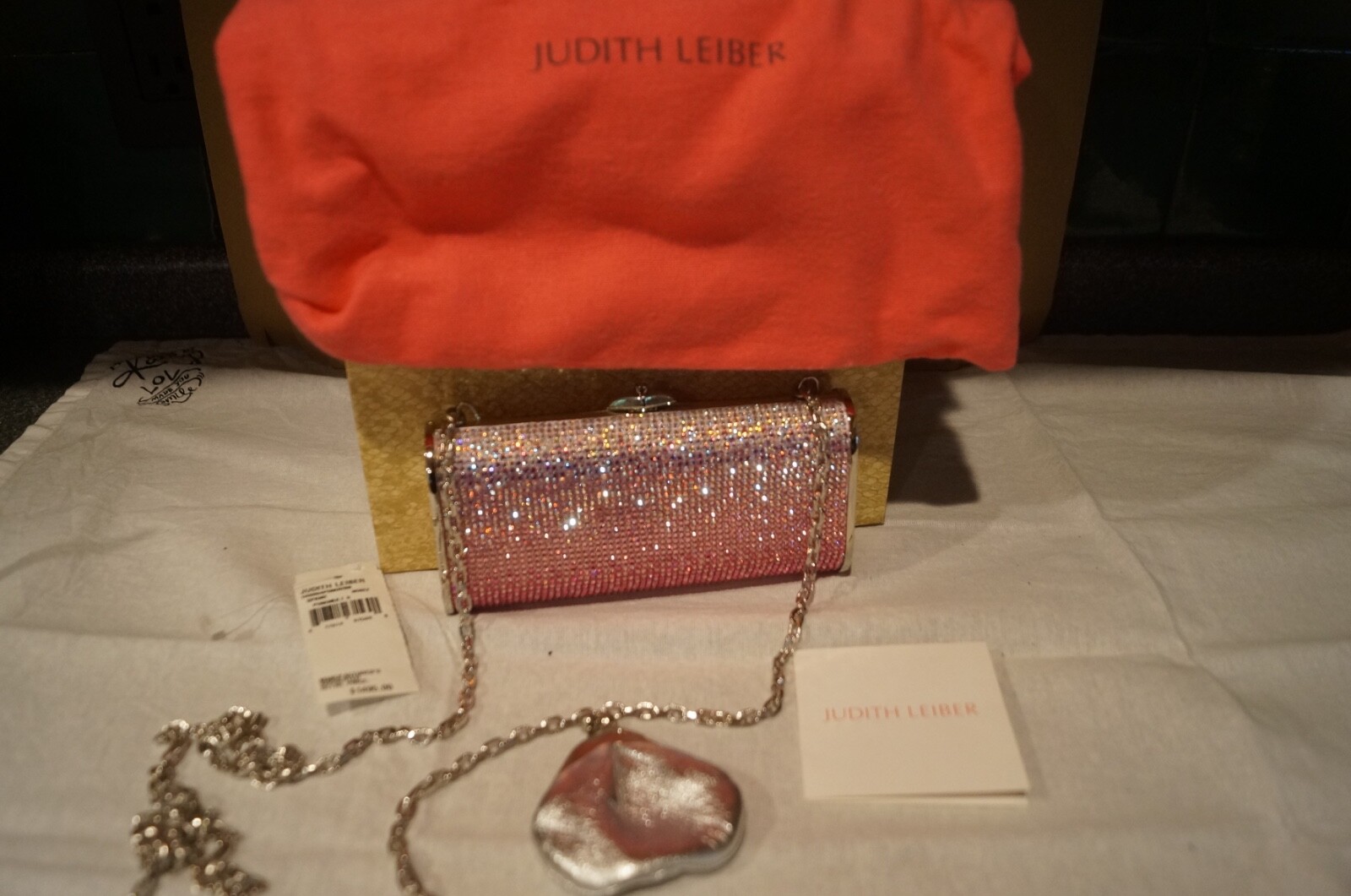 NEW JUDITH LEIBER PINK/SILVER CLUTCH PURSE – AWESOME CRYSTAL W SILVER 25″ STRAP!