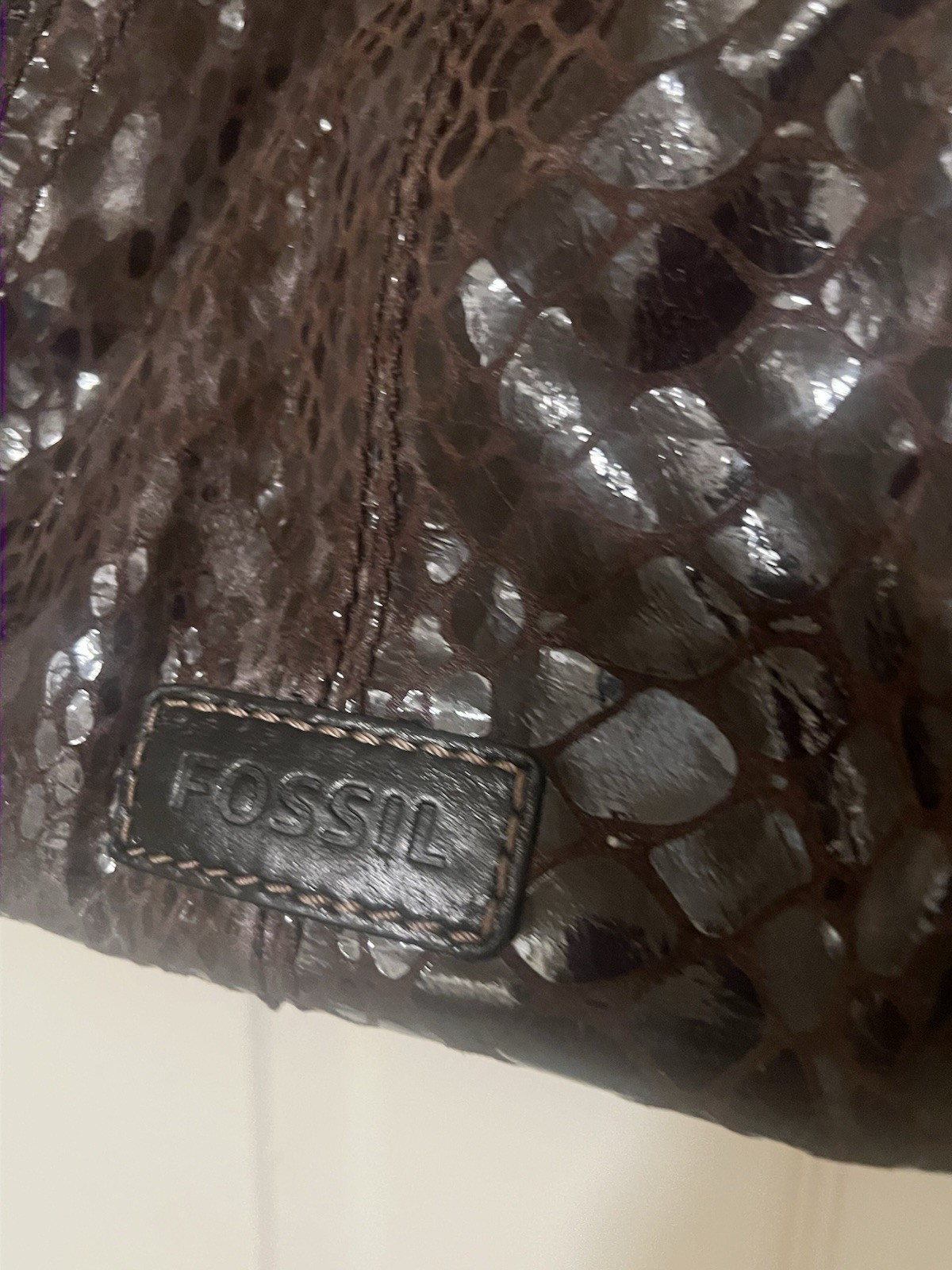 Fossil Hathaway tote Y2K bag, brown, shiny snakeskin print leather,BohoChic