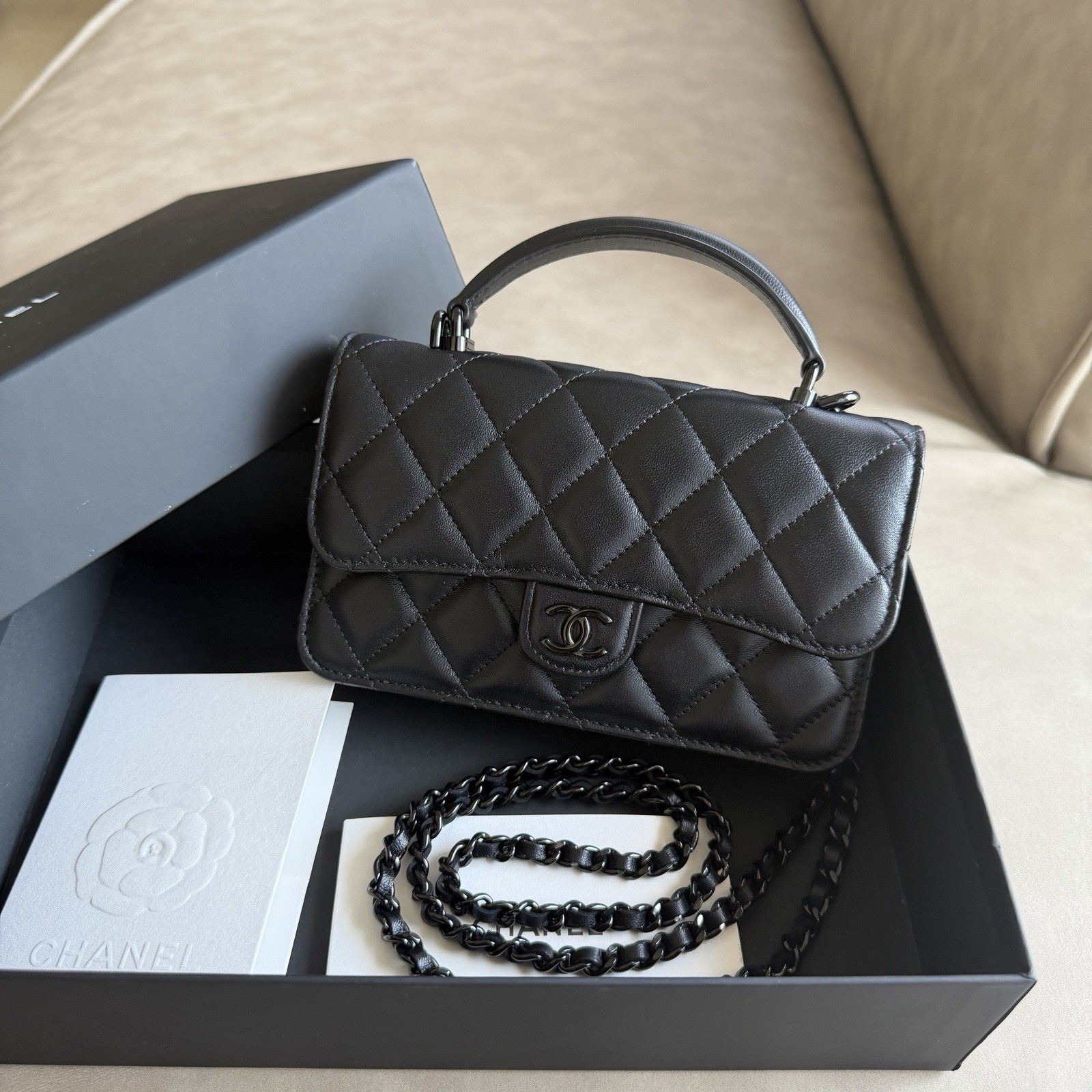 CHANEL Mini Matelasse Top Handle Chain Shoulder Bag So Black Lambskin Leather