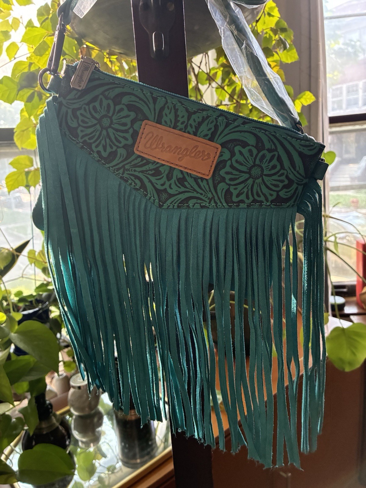 Wrangler Turquoise Floral Embossed Fringe Crossbody Bag Zip Adjustable Strap