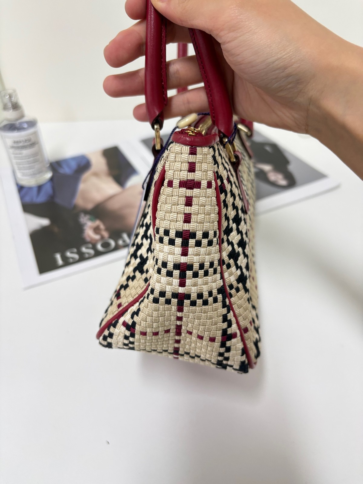 Burberry Horseferry Check Normal Size Beige&Wine Red Woven Leather 2Way Bag Duty