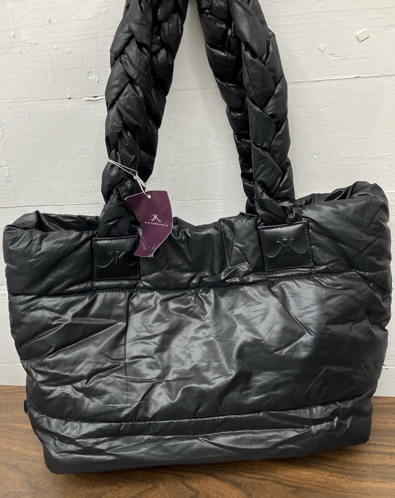 Kim Kardashian Black Quilted Tote Bag Purse With Braided Handles & Logo Puffy