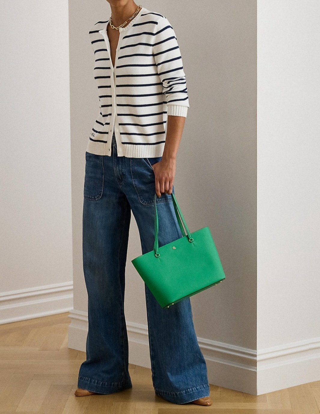 Ralph Lauren Crosshatch Leather Sophisticated Karly M Tote Bag Resort Green $225