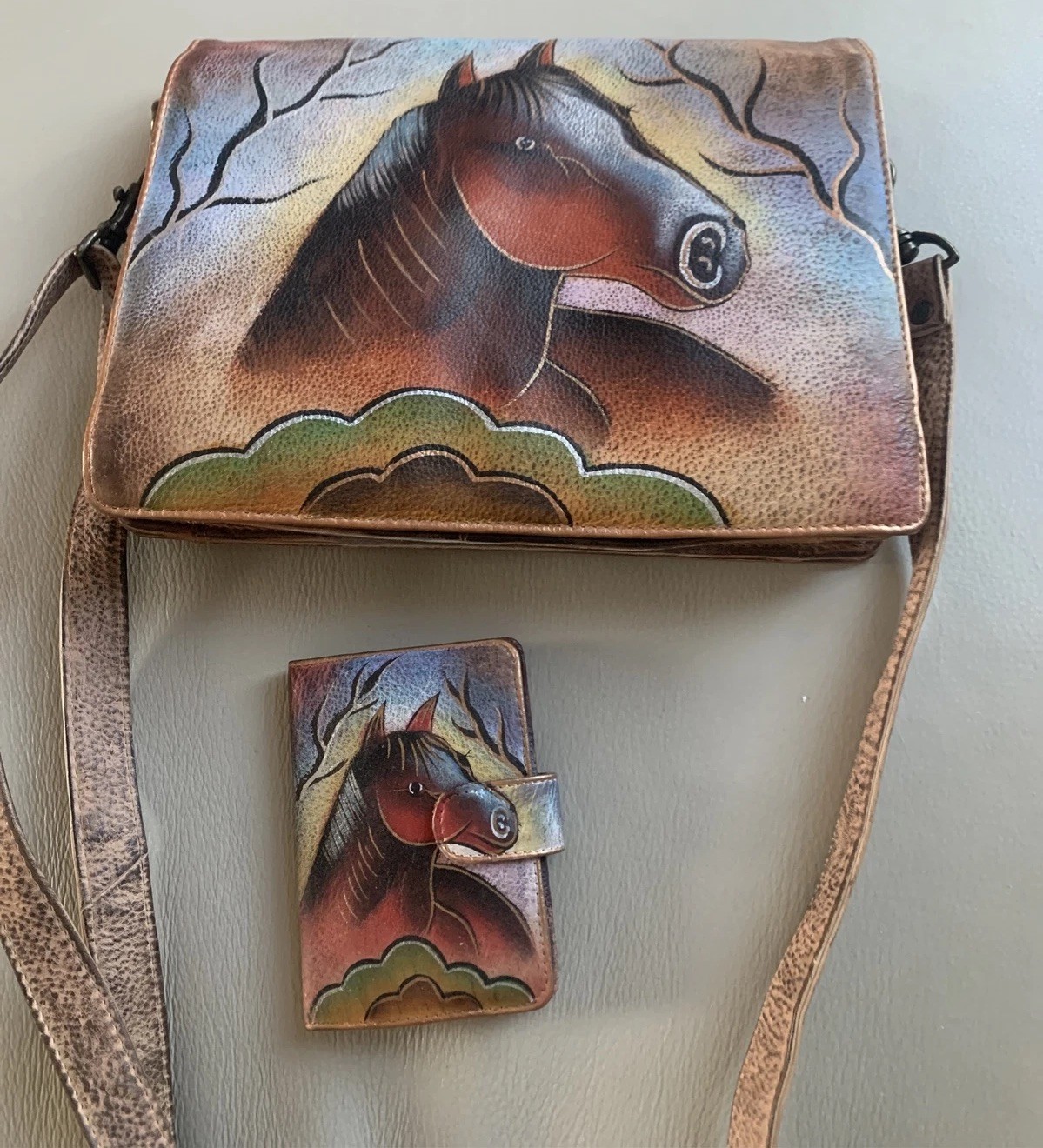 Vintage AGN New Jersey Original Handpainted Leather Aztec Brown Copper Turquoise