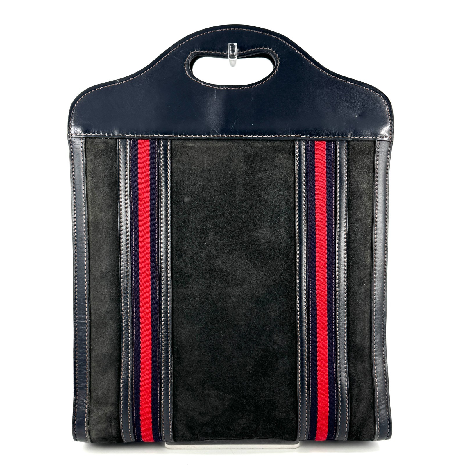 Vintage GUCCI Hand Bag Tote Bag Sherry Suede Leather Navy Authentic 281T0276