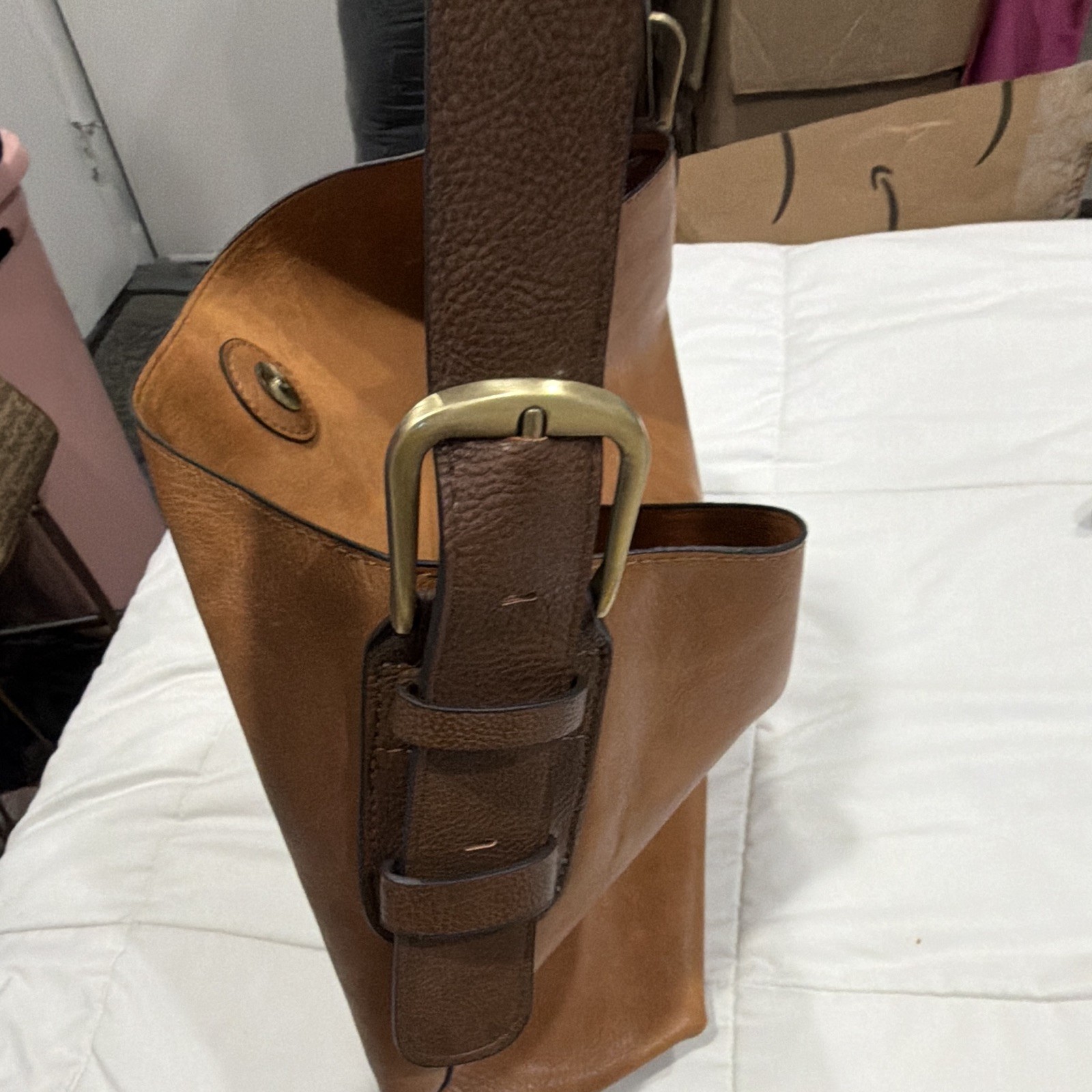Brown Pebbled Shoulder Bag Magnetic Closure Gold Hardware Buckle Accent Lined