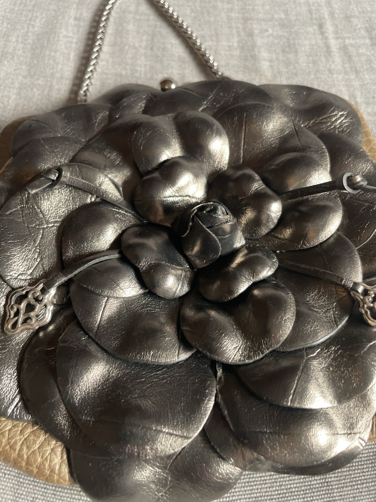 Brighton “Roselie”Metallic Pewter Leather Flower-small Purse-5”x6”-23”Strap