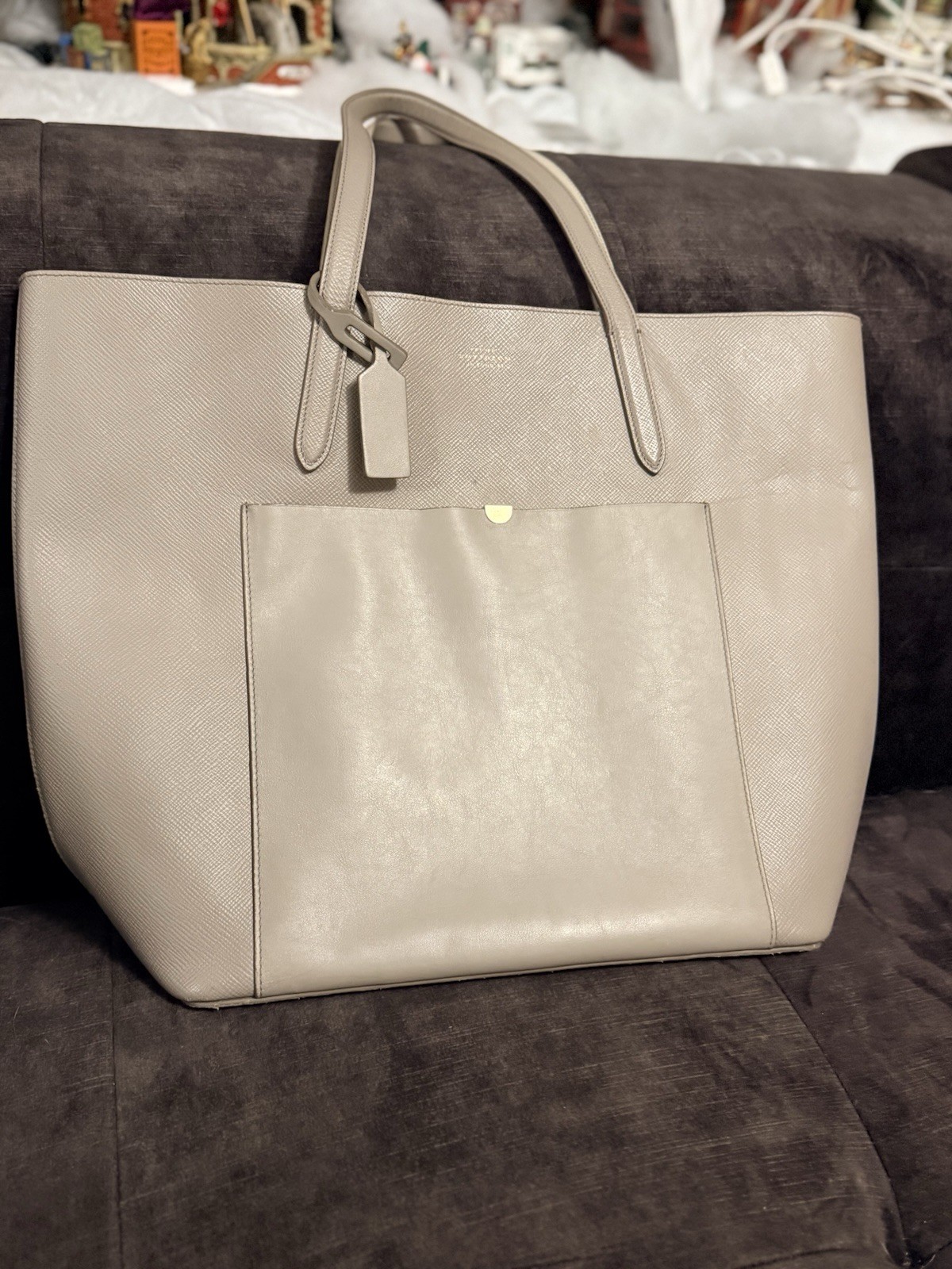 Smythson Pocket Tote Bag Handbag Purse in Taupe Leather