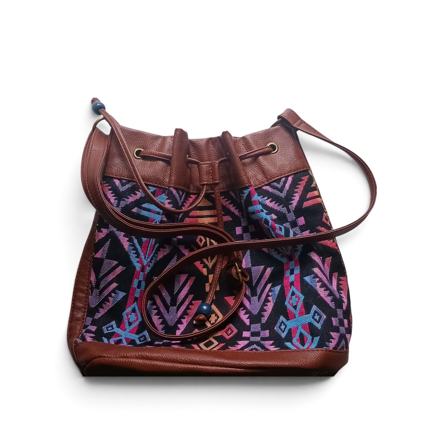 Boho Festival Southwest Aztec Tribal Tapestry Bucket Crossbody Bag.