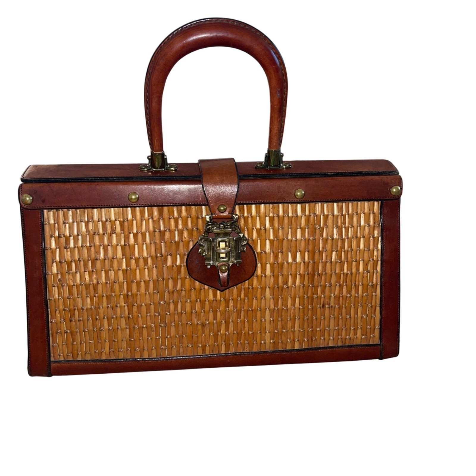Etienne Aigner Leather Hand Bag Vintage Satchel Purse Womens Brown Woven Rattan