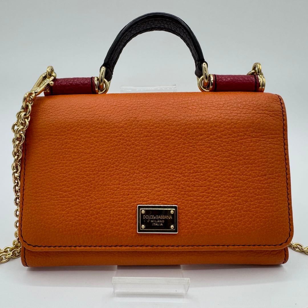 Dolce Gabbana Sicily Von Bag Orange Leather 2Way Shoulder Bag Auth