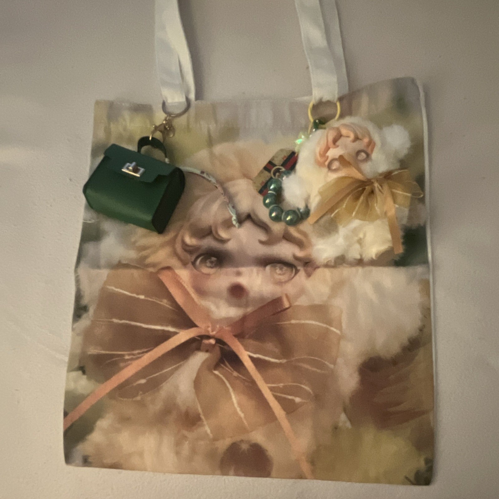 Beige/White Angel Graphic Print Tote Bag w/ Bow & Bag Charm