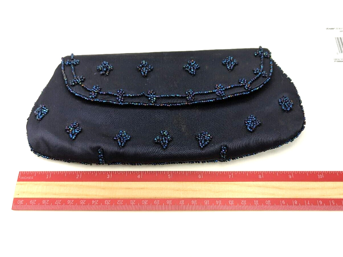 1960s Magid Black Purse Handbag Saks Fifth Avenue Luxury Blue Beaded Snap Clutch